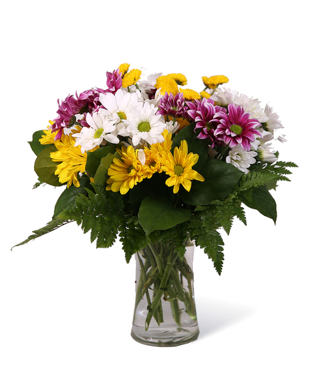 Assorted daisies in a glass vase.