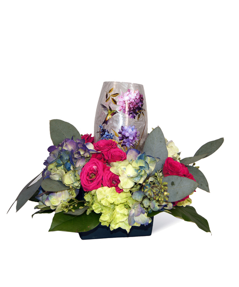 Stoney Creek Lantern with low centerpiece Piink Uniontown Florist