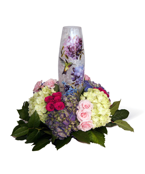 Stoney Creek Lantern with low centerpiece Piink Uniontown Florist
