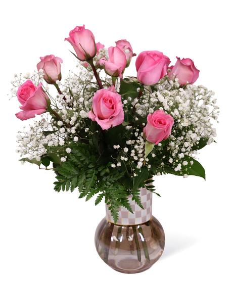 Mackenzie Childs -Rosy Check Glass Vase w/ Pink Roses