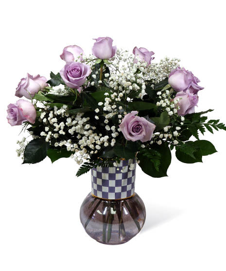Mackenzie Childs -Violet Glass Vase w/ Lavender Roses