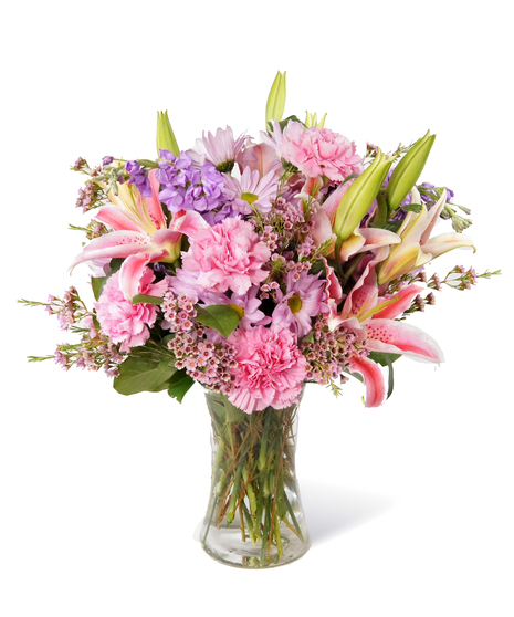 Stargazer lilies, stock and daisies